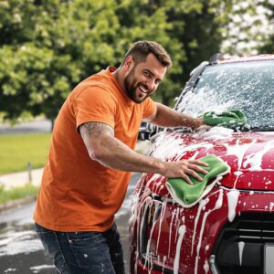 homme qui lave sa voiture rouge, avec un torchon microfibre vert