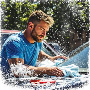 un homme qui lave sa voiture en plein soleil