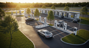 véhicule électrique qui recharge sa batterie dans une aire d'autoroute, à l'aide de borne de recharge
