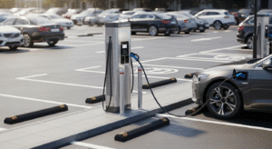 une voiture qui recharge sa batterie sur un parking avec une borne électrique