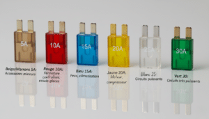 différentes couleurs des fusibles que l'on peut trouver dans une voiture, par ordre de puissance